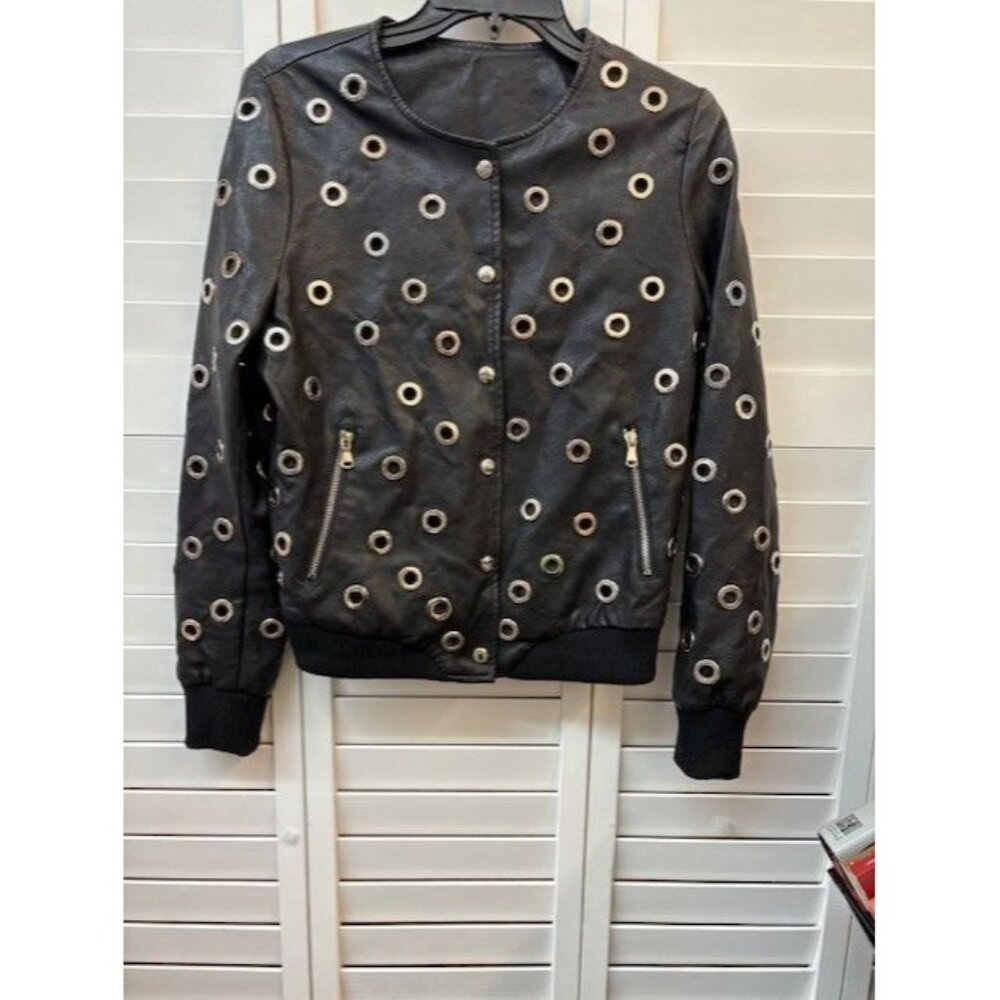 Black Faux Leather Jacket With Grommet‎ Detailing & Snap Closure